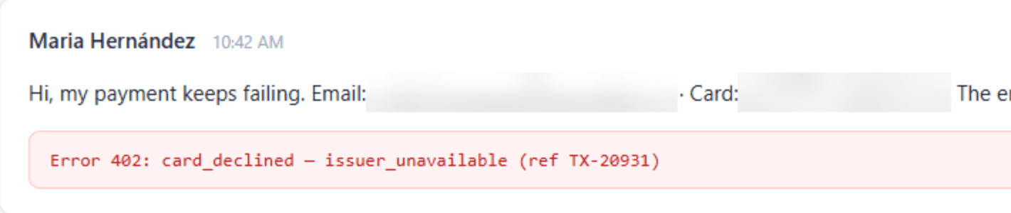 The same message with the email address and card number blurred