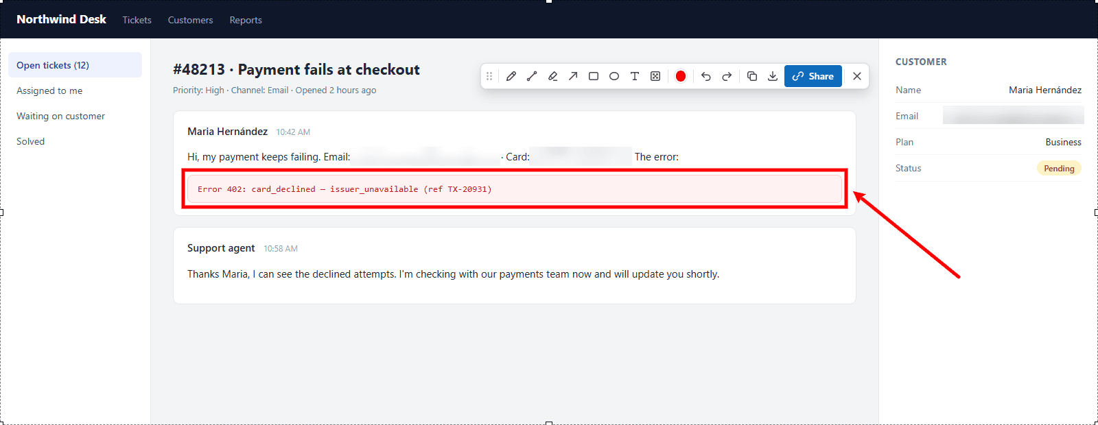 Screshot editor with a support ticket screenshot: the customer's email and card number are blurred, and an arrow points to the error message