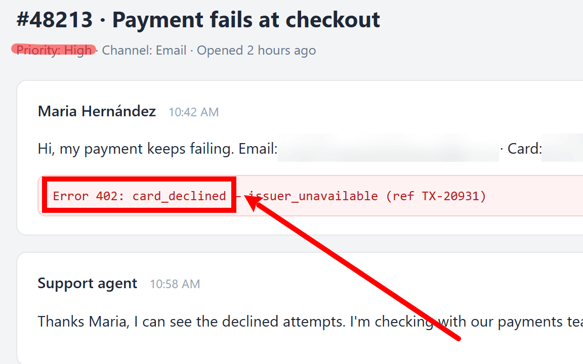 An error message boxed in red with an arrow pointing at it, and the priority highlighted