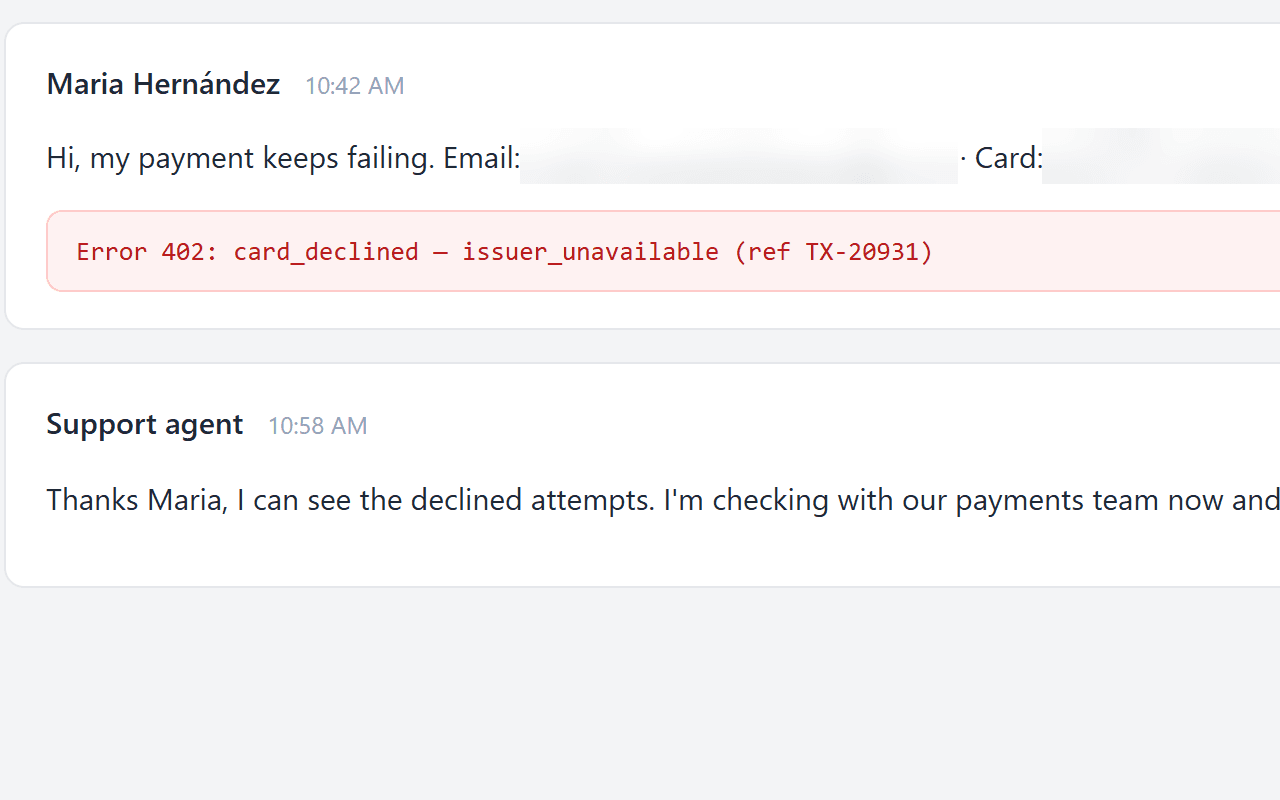 A support ticket where the customer's email and card number are blurred